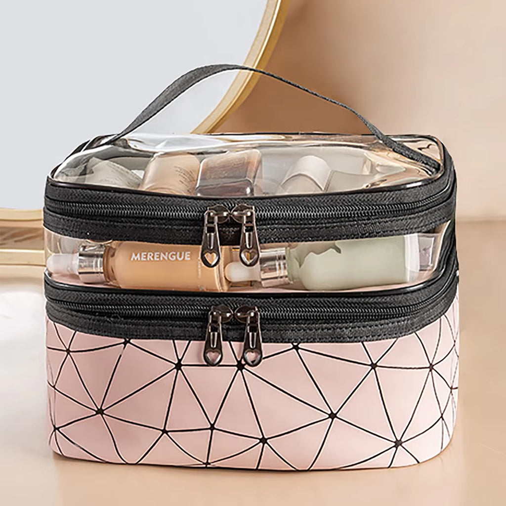 Functional Double-Layer Clear Makeup Bag with Wide Opening and Sturdy Handles for Organization of Cosmetics and Toiletries