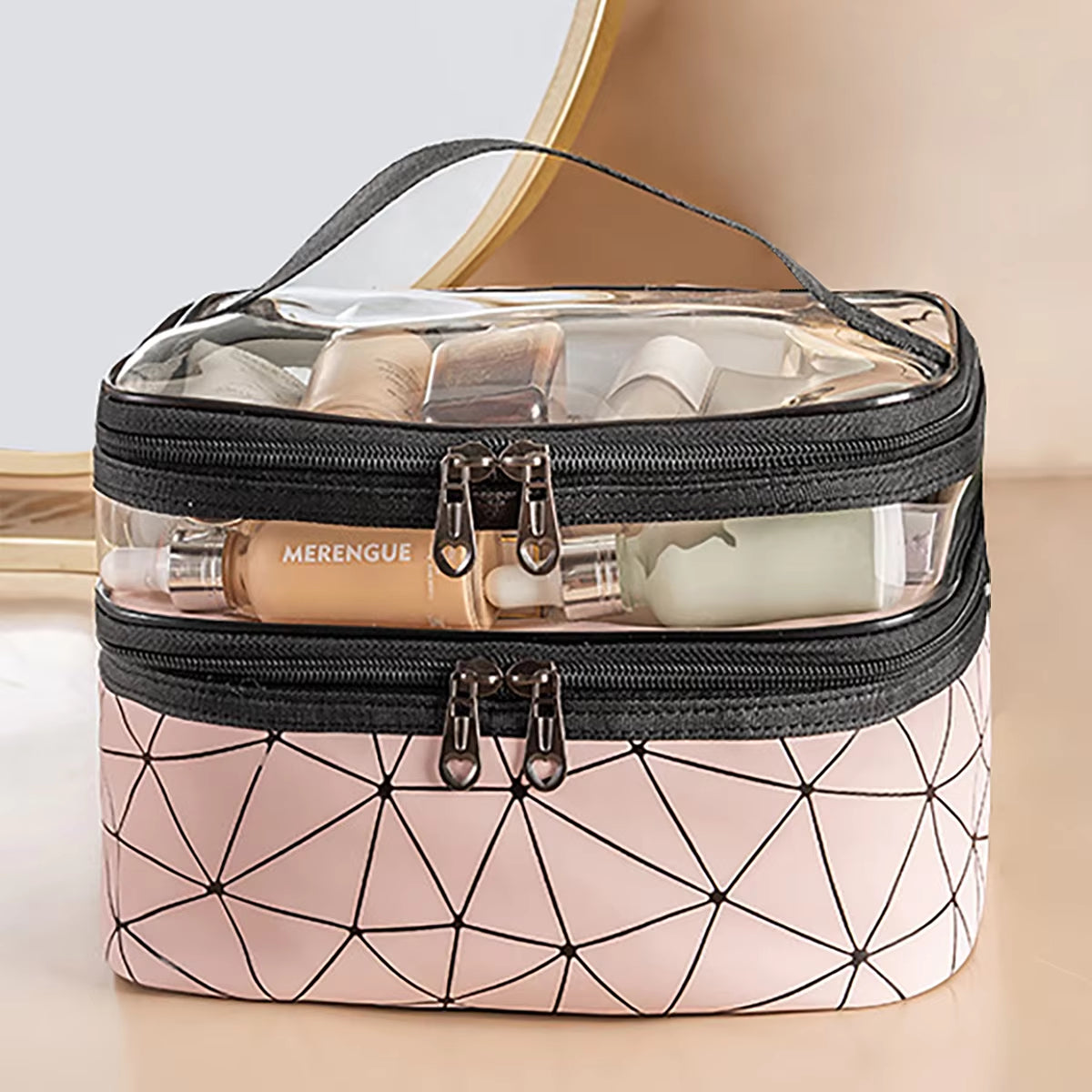 Functional Double-Layer Clear Makeup Bag with Wide Opening and Sturdy Handles for Organization of Cosmetics and Toiletries