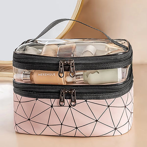 Functional Double-Layer Clear Makeup Bag with Wide Opening and Sturdy Handles for Organization of Cosmetics and Toiletries