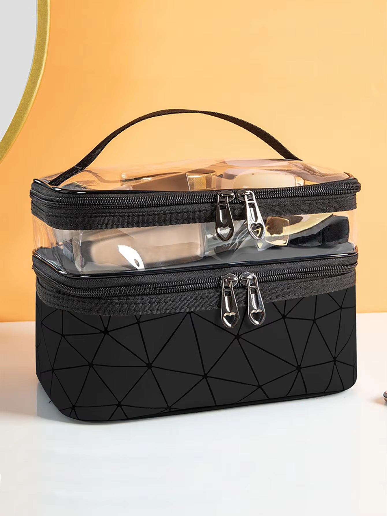 Functional Double-Layer Clear Makeup Bag with Wide Opening and Sturdy Handles for Organization of Cosmetics and Toiletries