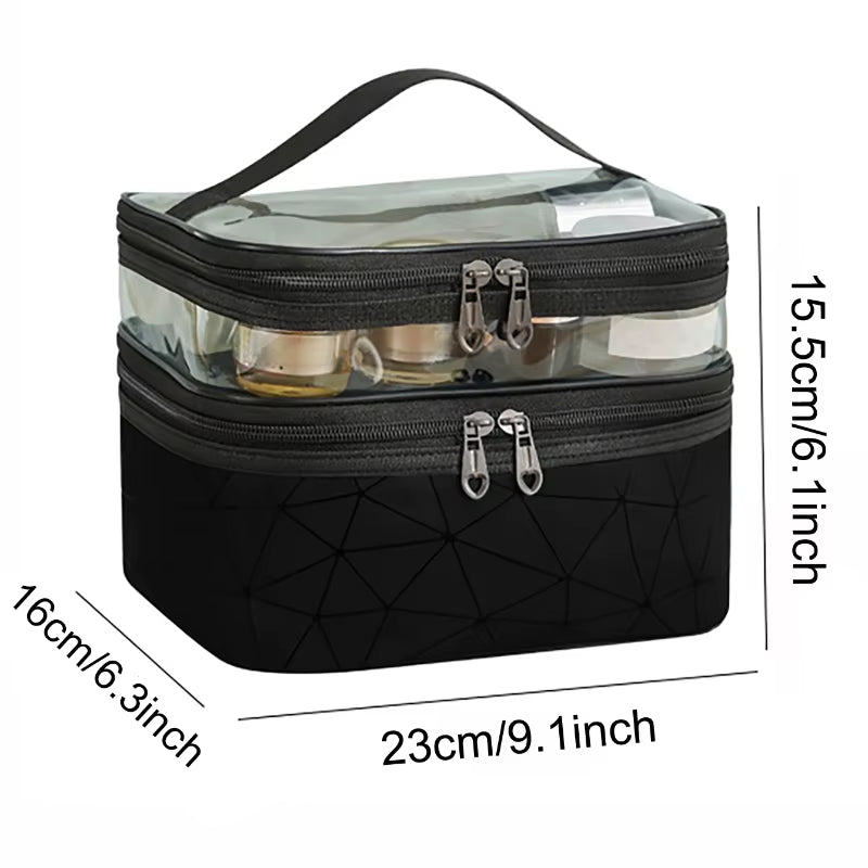 Functional Double-Layer Clear Makeup Bag with Wide Opening and Sturdy Handles for Organization of Cosmetics and Toiletries